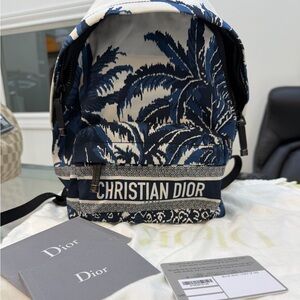 Dior Blue and Ivory Palm-Print Canvas Backpack